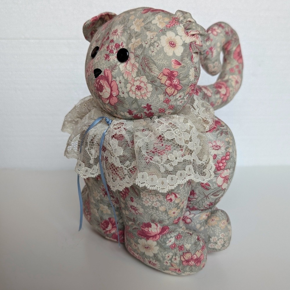Handmade Floral Fabric Cat Doorstop Weighted Freestanding Lace Cottagecore